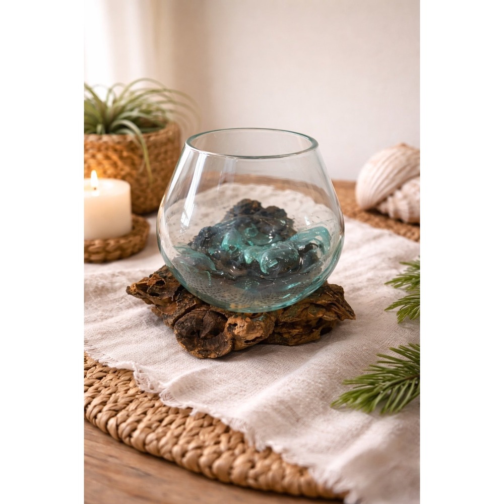Hand Blown Glass Driftwood Bowl Planter Vase Rustic Coastal Boho Decor OOAK